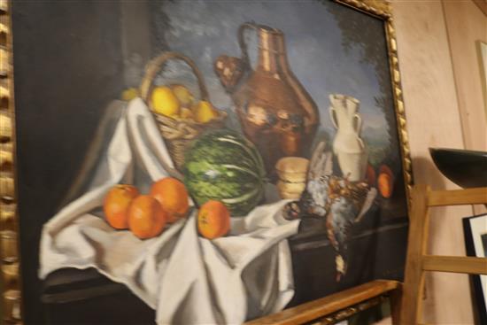 J.M. Saguna Still life of partridges, vegetables and fruit, a landscape beyond 86 x 114cm